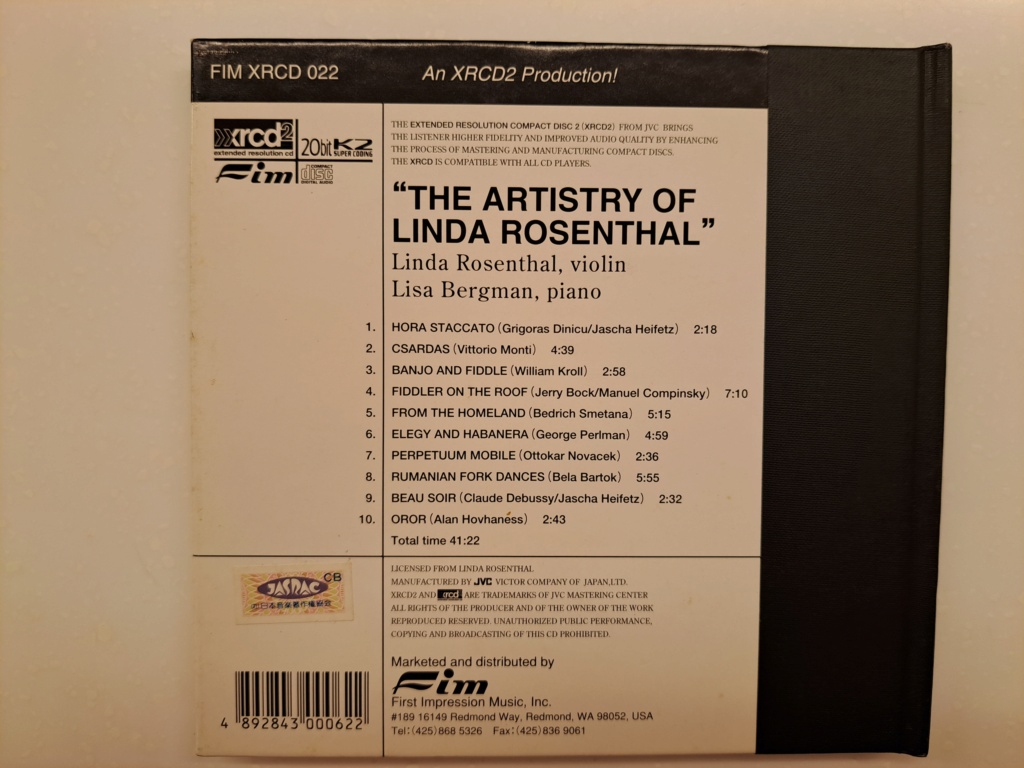 FIM XRCD 022 - The Artistry Linda Rosenthal, violin, piano   - XRCD2   20bit K2 super coding  - 1999 FIM  20230362