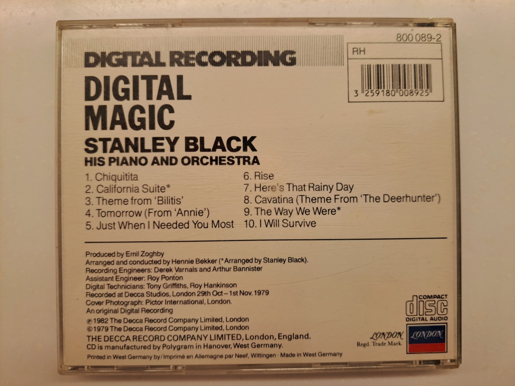 Digital Magic by Stanley Black/His Piano and Orchestra. 1983 Decca Record Co. Ltd. London. Made in West Germany. Original first pressing CD. 20230471