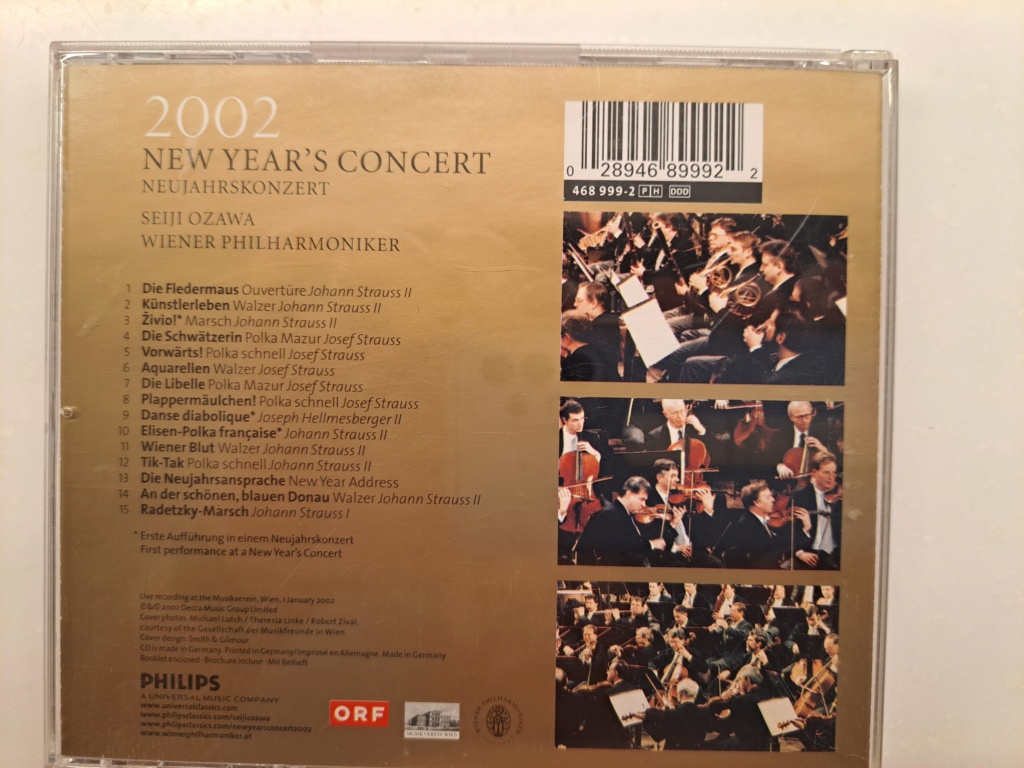 New Year's Day Concert 2002 By Vienna Philharmonic Orchestra, Seiji Ozawa, conductor. Johann Strauss. 2002 Decca Music/ Philips. Made in Germany 20230602