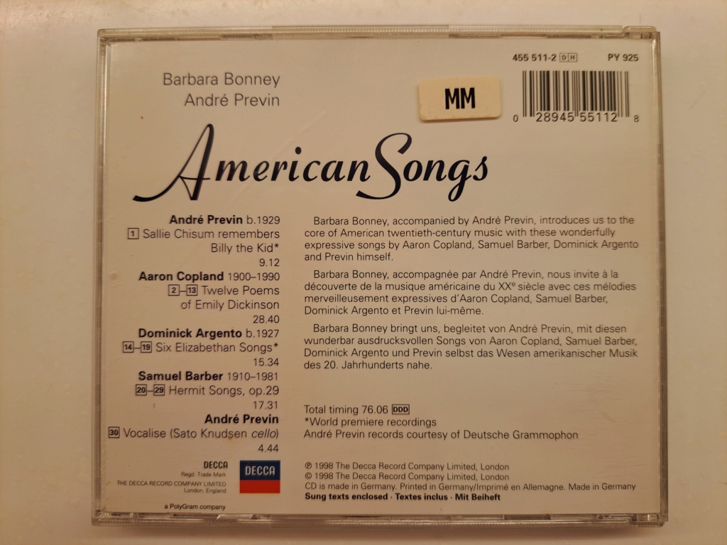 American Songs By Barbara Bonney & André Previn, piano - Aaron Copland, Dominik Argento, Samuel Barber.  1998 Decca Record. Made in Germany 20230661