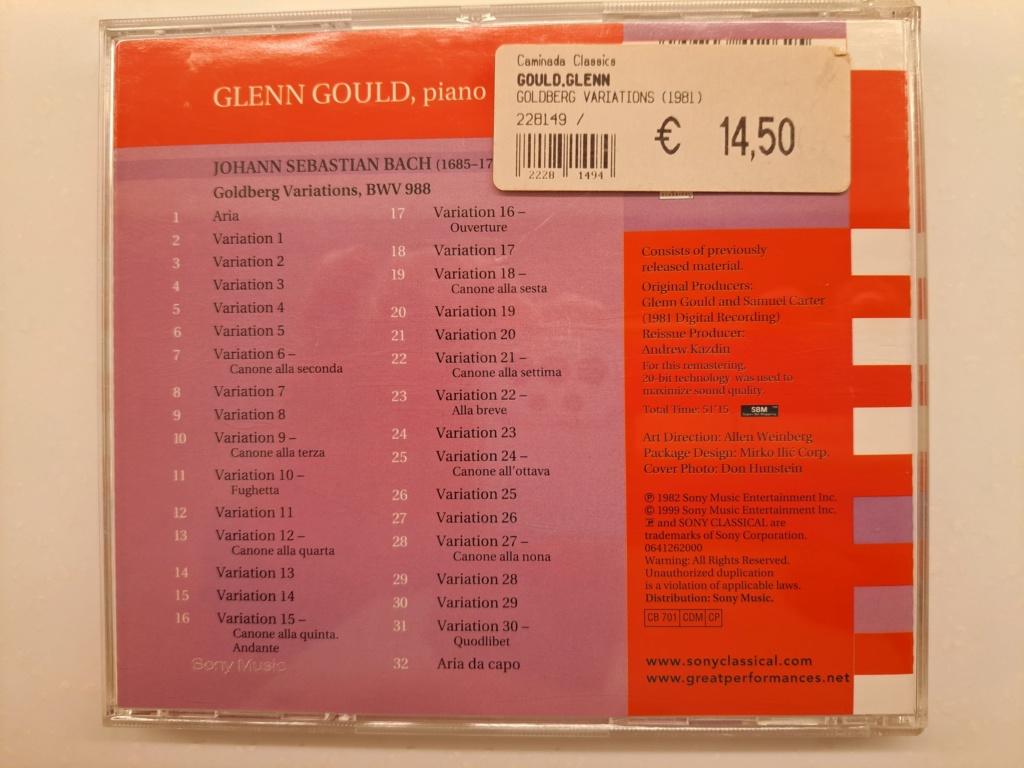 GLENN GOULD. Bach - Goldberg Variations. 1981 Digital Recording. 1999 Sony Music. Made in Austria 20230678