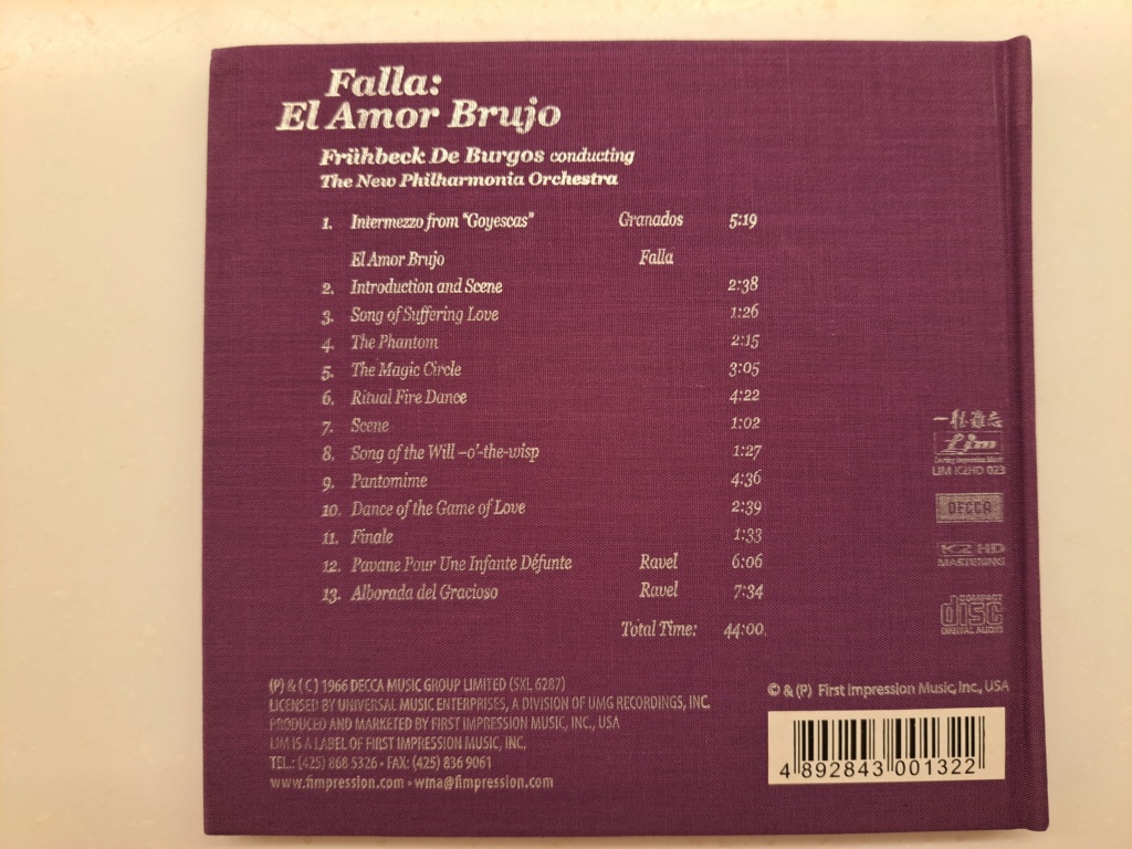 Lasting Impression Music, LIM K2HD 023. Falla: El Amor Brujo - De Burgos - FIM / LIM K2HD CD Audiophile. 1966 DECCA. 2007 K2 HD Mastering by FIM. Made in Japan by JVC 20230803