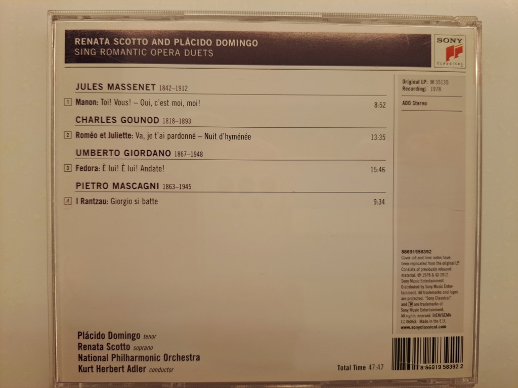 Placido Domingo and Renata Scotto: Romantic Opera Duets. 2012 Sony Music. Made in EU 20230975