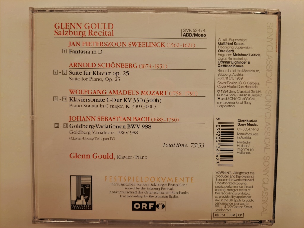 Glenn Gould - Salzburg Recital (1959): Sweelinck, Schoenberg, Mozart, Bach. 1994 Sony Music. Made in EU 20230979