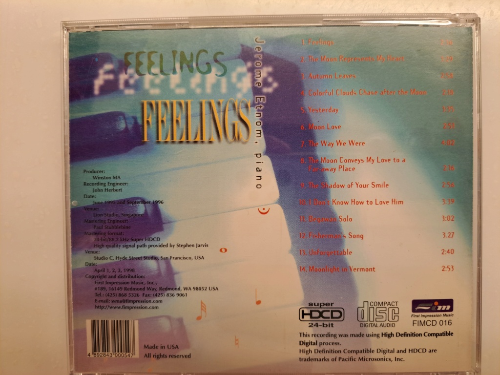 FIM CD 016  - Feelings - Jerome Etnom, piano.  24 K Gold cd. 1988 First Impression Music Remastered by FIM. Made in USA 20231049