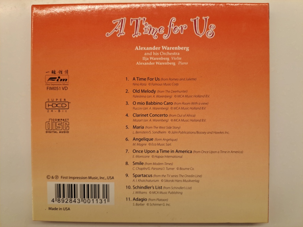 FIM 051 VD Vinyl CD - A Time for Us - Alexander Warenburg and his Orchestra. Violin and piano. 1996 MCA Music Holland.  - 2005 FIM Mastering. Super HDCD 24-Bit. Made in USA by Sony. 20231096