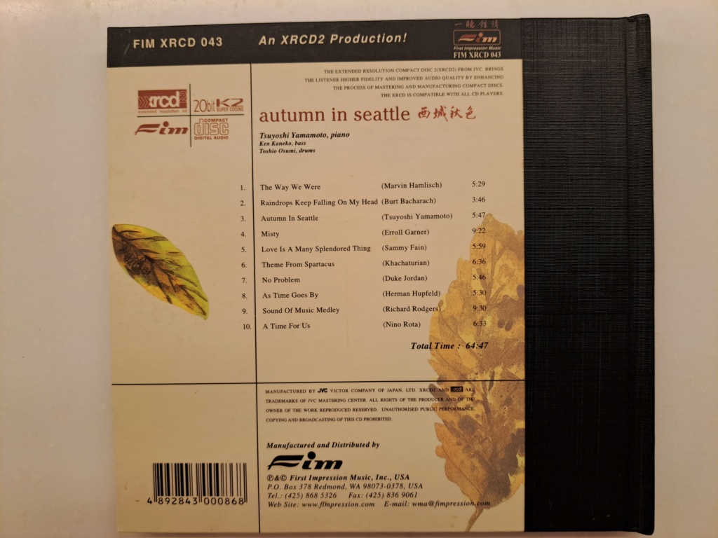 FIM XRCD 043. Autumn in Seattle - Tsuyoshi Yamamoto, piano.  Ken Kaneko, bass. Toshi Osumi, drums. 2001 FIM XRCD2 production. Manufactured by JVC Japan 20231112