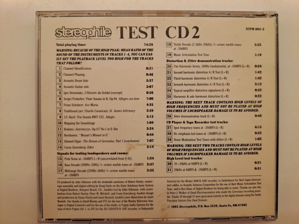 STEREOPHILE TEST CD VOLUME 2. Must have Audiophile Test CD produced by John Atkinson of Stereophile magazine.  Audiophile recordings. 1992 Stereophile, USA. Disc manufactured by JVC. 20231133