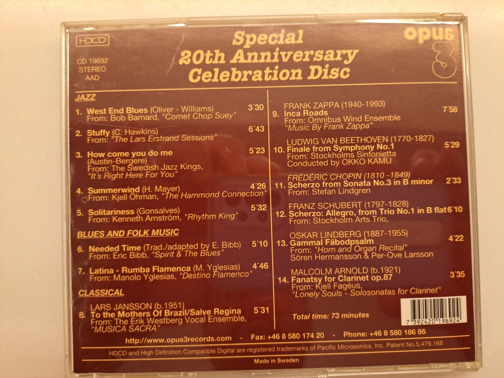 Opus 3: Special 20th Anniversary Celebration Disc. Collection of Jazz and Classical recordings from Opus 3 catalog. 1992 Opus 3. HDCD Audiophile recordings. Made in Sweden by DCM. 20231140