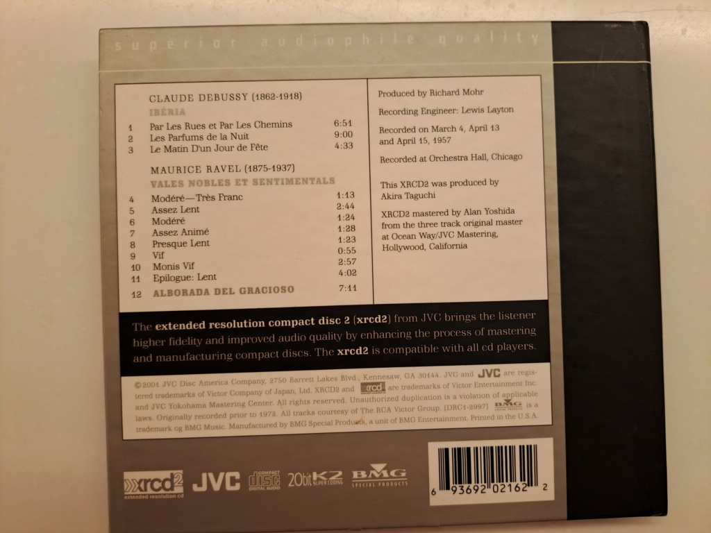 JVC XRCD2:  Ravel: Alborado Del Gracioso / Valses nobles et sentimentales; Debussy: Iberia. Fritz Reiner, Chicago Symphony orchestra. 1958 RCA Victor. 2001 JVC Remastered. Made in Japan. 20231153