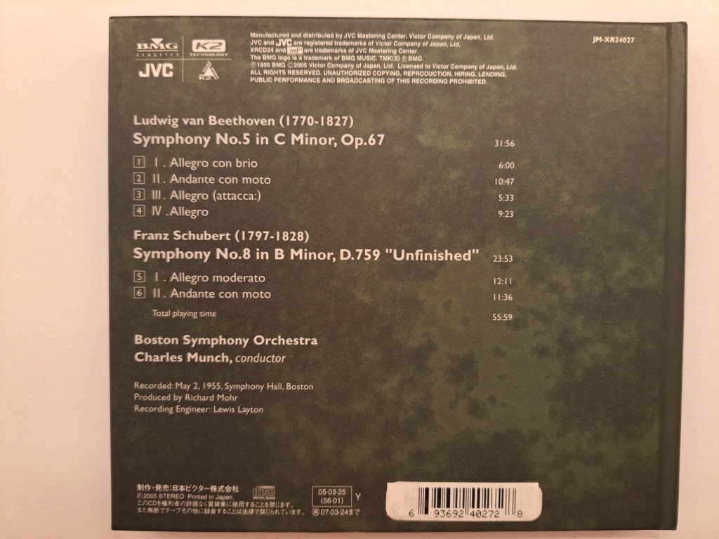 JVC XRCD24: Munch,Charles & Boston Symphony - Beethoven - Symphony No. 5 & Schubert - "Unfinished Symphony.  2005 BMG / JVC XRCD24 Remastered  and manufactured by JVC, Japan. 20231170