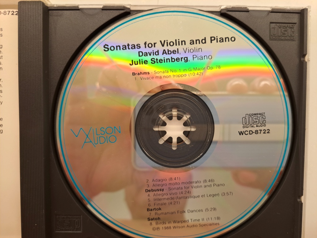 Wilson Audio Specilties: - Sonatas for Violin and Piano: Debussy, Bartok, Brahms - David Abel, violin and Julie Steinberg, piano.  A Wilson Audiophile Definitive Recording. 1988 Wilson Audio Specialties. A very rare, first pressing CD. 20231231