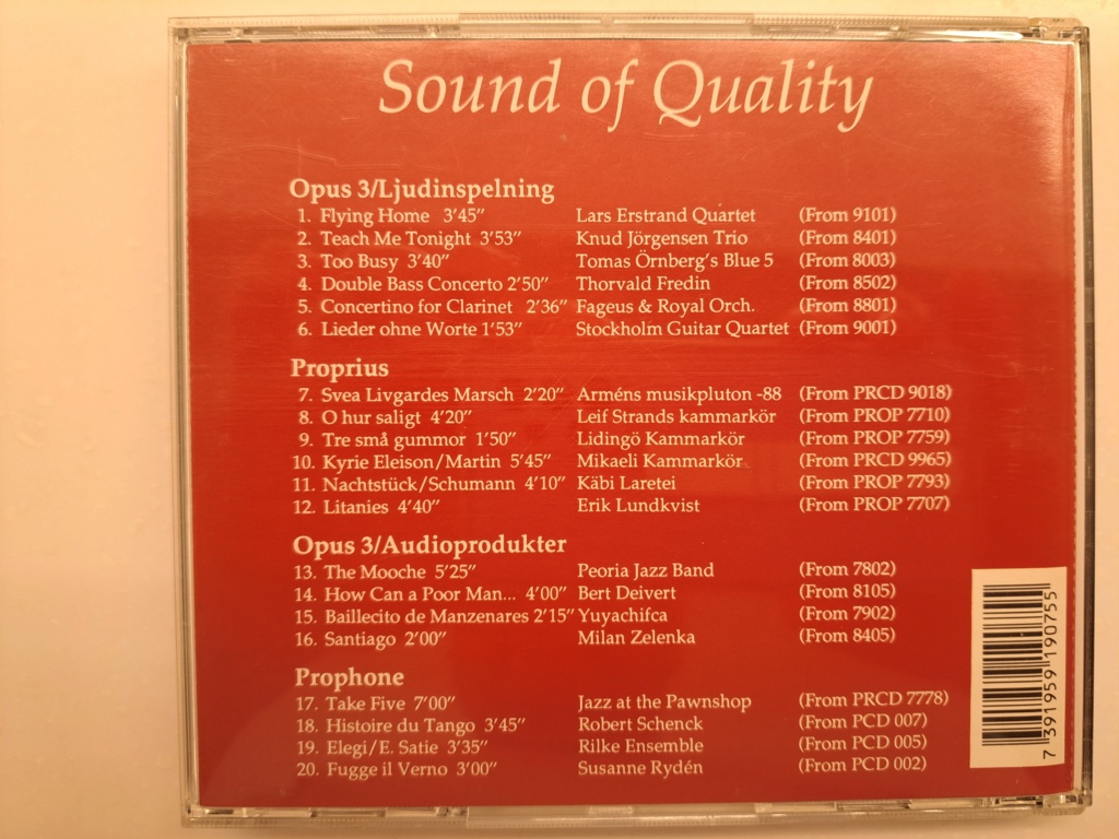 The Sound of Quality! Sampler from the Leading Audiophile Record Companies in Scandinavia. Proprius / Prophone / Firma Ljudinspelning / Opus 3 Labels. 20 titles. 1992 Opus 3. Made in Sweden. Rare collector's CD. 20231254