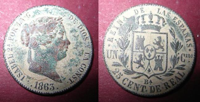 25 Céntimos de real de Isabel II del 1863, Barcelona. Anv65