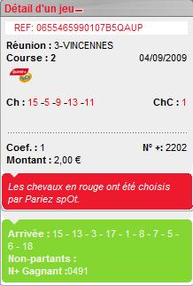 VINCENNES REUNION 3 COURSE 2 --- 04.09.2009 ---- mise : 29 € gain : 15.30 € Scree146