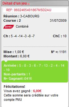 CABOURG REUNION 3 COURSE 2 ---31.07.2009--- mise : 24 € gain : 6 € Screen81