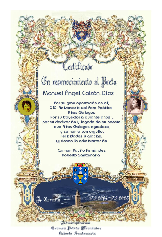 Diplomas de reconocimiento a los poetas que participaron en el poemario de la celebración del XIX Aniversario de Aires Galegos Diplom43