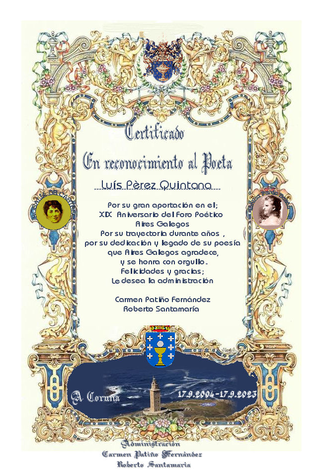 Diplomas de reconocimiento a los poetas que participaron en el poemario de la celebración del XIX Aniversario de Aires Galegos Diplom44