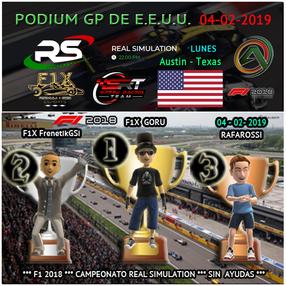 CAMPEONATO REAL SIMULATION - AERO & SRT & F1 XBOX * SIN AYUDAS - DAÑOS SIMULACIÓN * LUNES 22:30 HORA MADRID * RESULTADOS Y PODIUM RACE 3 GP DE E.E.U.U. * 04-02-2019. Cabece61