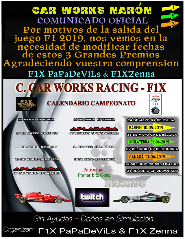 F1 2018 - CAMPEONATO CAR WORK RACING * CWR * F1X / CALENDARIO OFICIAL DEL CAMPEONATO. Doming51