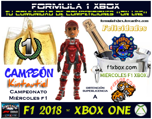 ¡ CAMPEÓN ! *** F1 2018 - XBOX ONE *** CAMPEONATO MIÉRCOLES F1 - F1 XBOX / CAMPEÓN, RESULTADO, PODIUM, CALENDARIO Y CLASIFICACIÓN FINAL.  F1-pod20