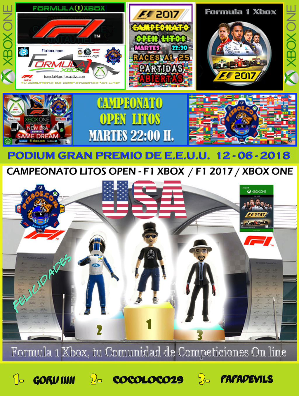 F1 2017 - XBOX ONE / CAMPEONATO OPEN LITOS - F1 XBOX / RESULTADOS Y PODIUM / G.P. DE RUSIA + GP DE E.E.U.U. / MARTES 12 - 06 - 2018. Podium12