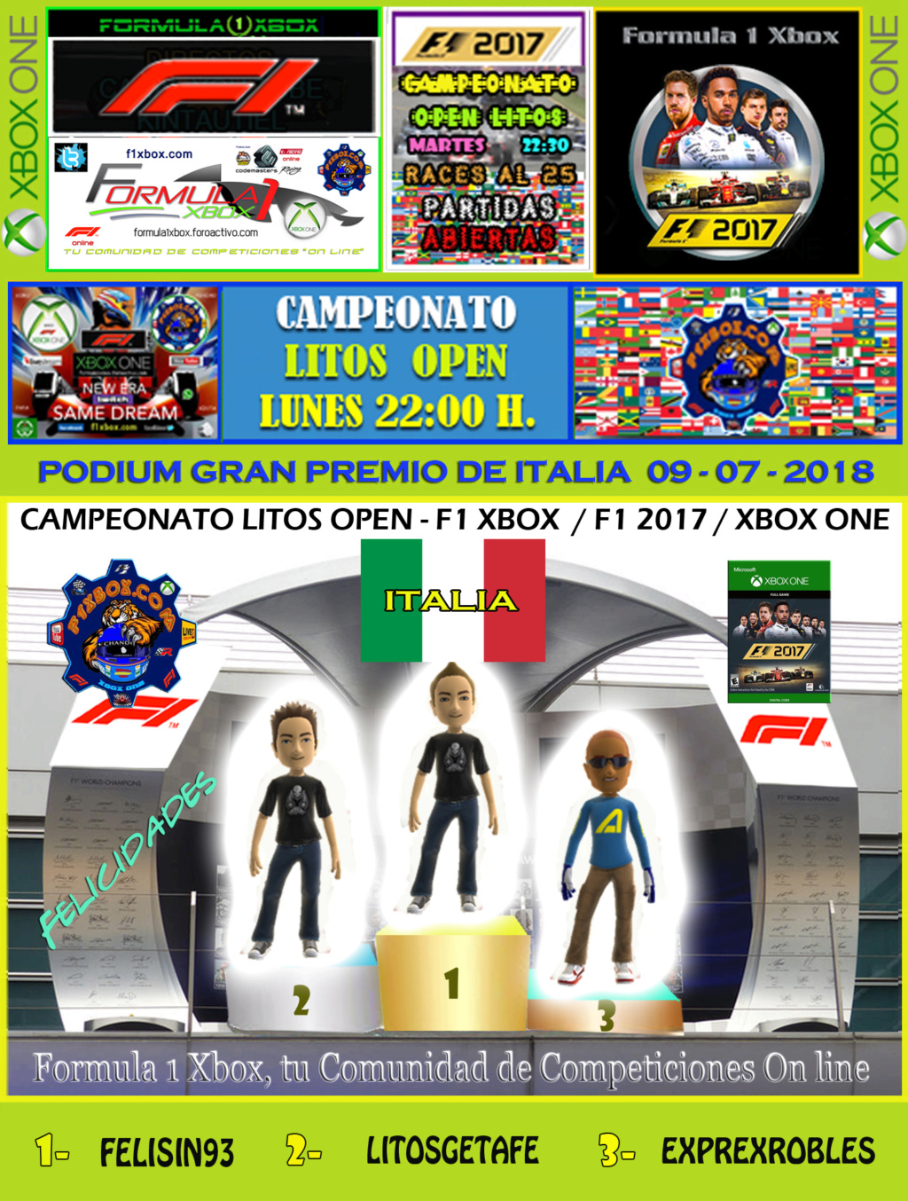 F1 2017 - XBOX ONE / CAMPEONATO LITOS OPEN - F1 XBOX / RESULTADOS Y PODIUM / G.P. DE AZERBAIYÁN + GP DE ITALIA / LUNES 09 - 07 - 2018. Podium22