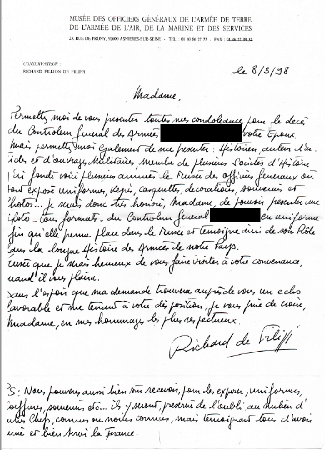 ex Musée des officiers généraux de l'armée de terre, de l'armée de l'air, de la  Lettre12