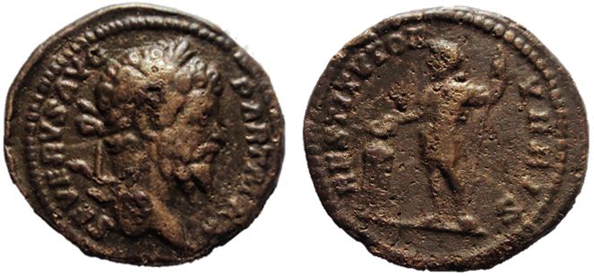 Denario limes bronce de Septimio Severo. RESTITVTOR VRBIS. Emperador estante a izq.  Septim10
