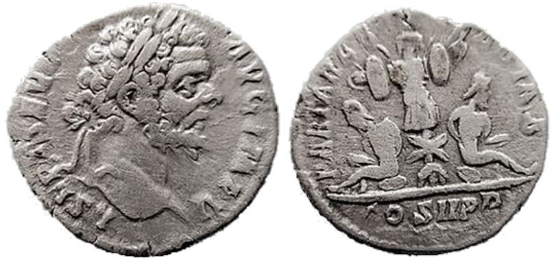 Denario de Septimio Severo. PART ARAB PART ADIAB / COS II P P. Partia y Arabia cautivas los lados de un trofeo. Roma. Septim12