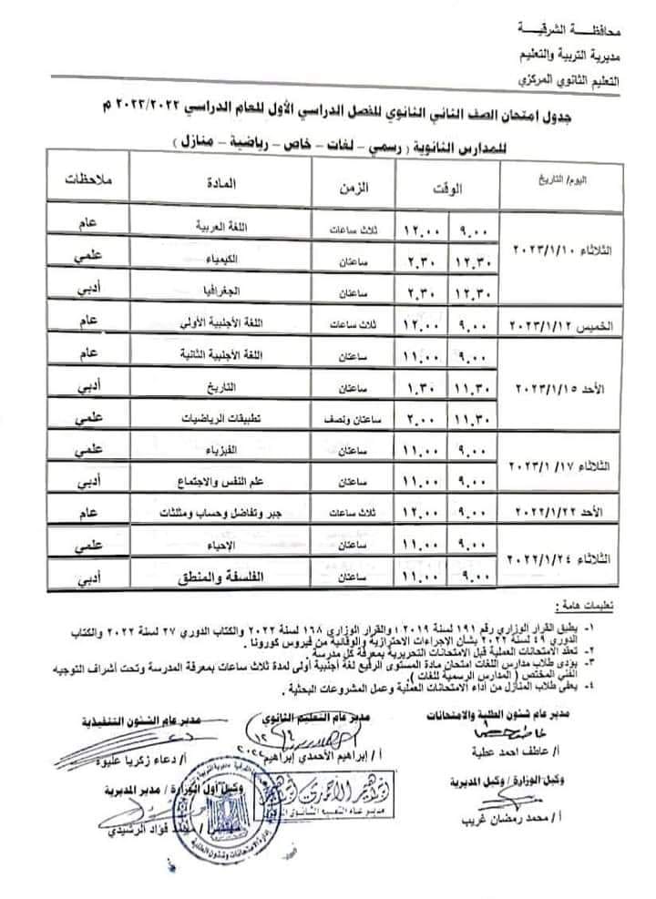 جدول امتحانات الصفين الأول والثاني الثانوي الترم الاول 2023 لمحافظة الشرقية 1-10