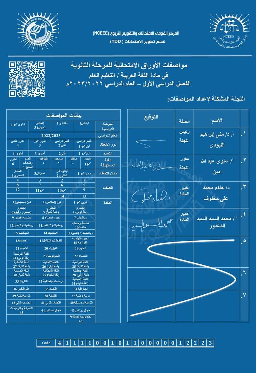 مواصفات الورقة الامتحانية الجديدة لغة عربية للصفين الاول والثاني الثانوي 2023 1100