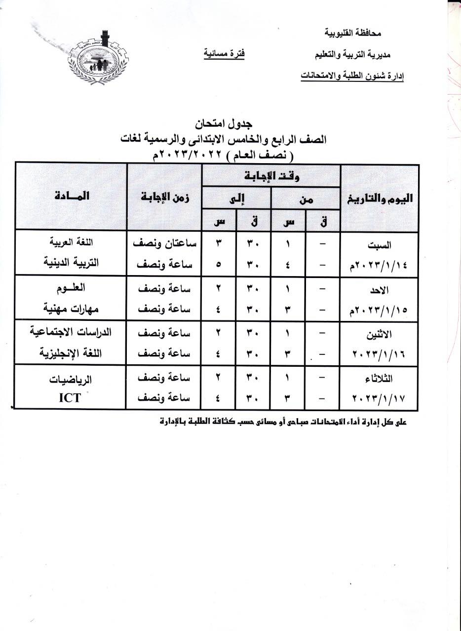 جداول امتحانات 4 و 5 و 6 ابتدائي 2023 بمحافظة القليوبية 1267