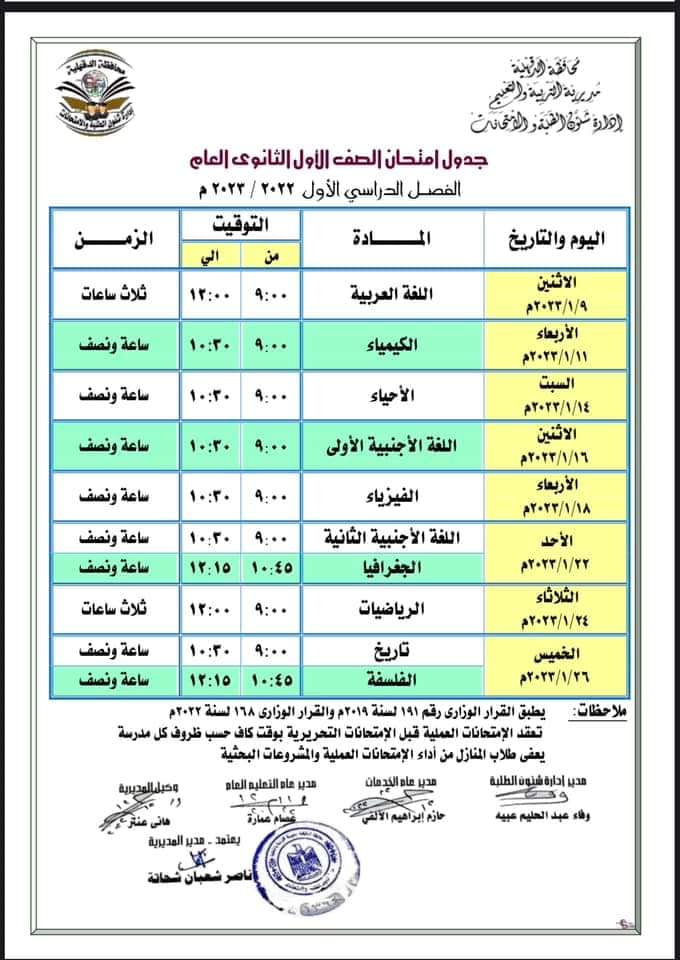 جدول امتحانات أولى ثانوي الترم الأول 2023 محافظة الدقهلية 1331