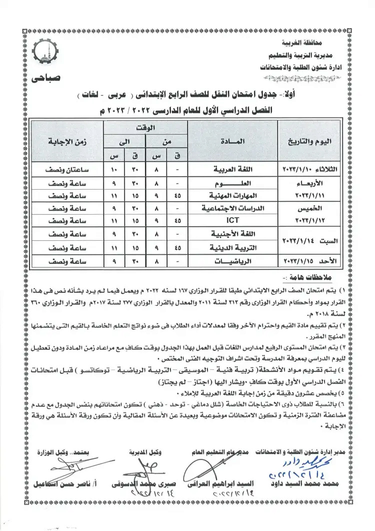 جدول امتحانات رابعة ابتدائي الترم الأول 2023 محافظة الغربية 1_202212