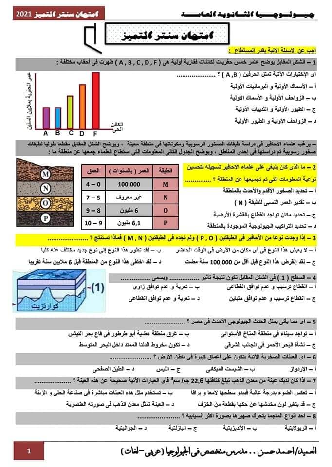 امتحان الجيولوجيا "نظام جديد" للصف الثالث الثانوى 2023 أ. أحمد حسن 1_talb34