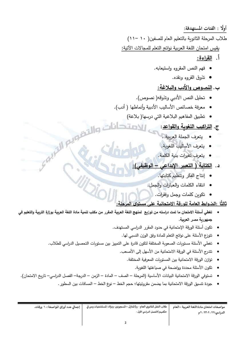 مواصفات الورقة الامتحانية الجديدة لغة عربية للصفين الاول والثاني الثانوي 2023 297