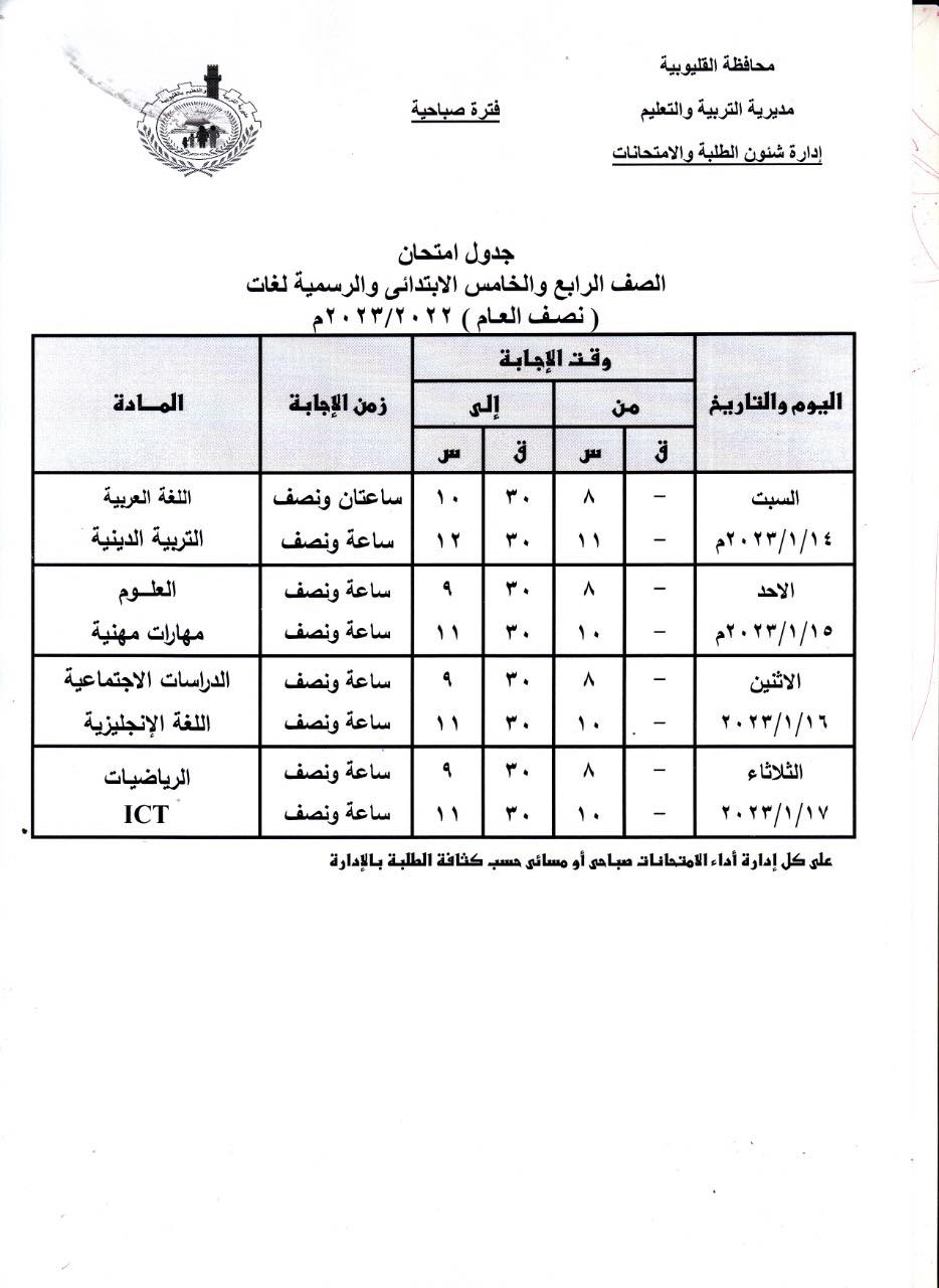 جداول امتحانات 4 و 5 و 6 ابتدائي 2023 بمحافظة القليوبية 3161