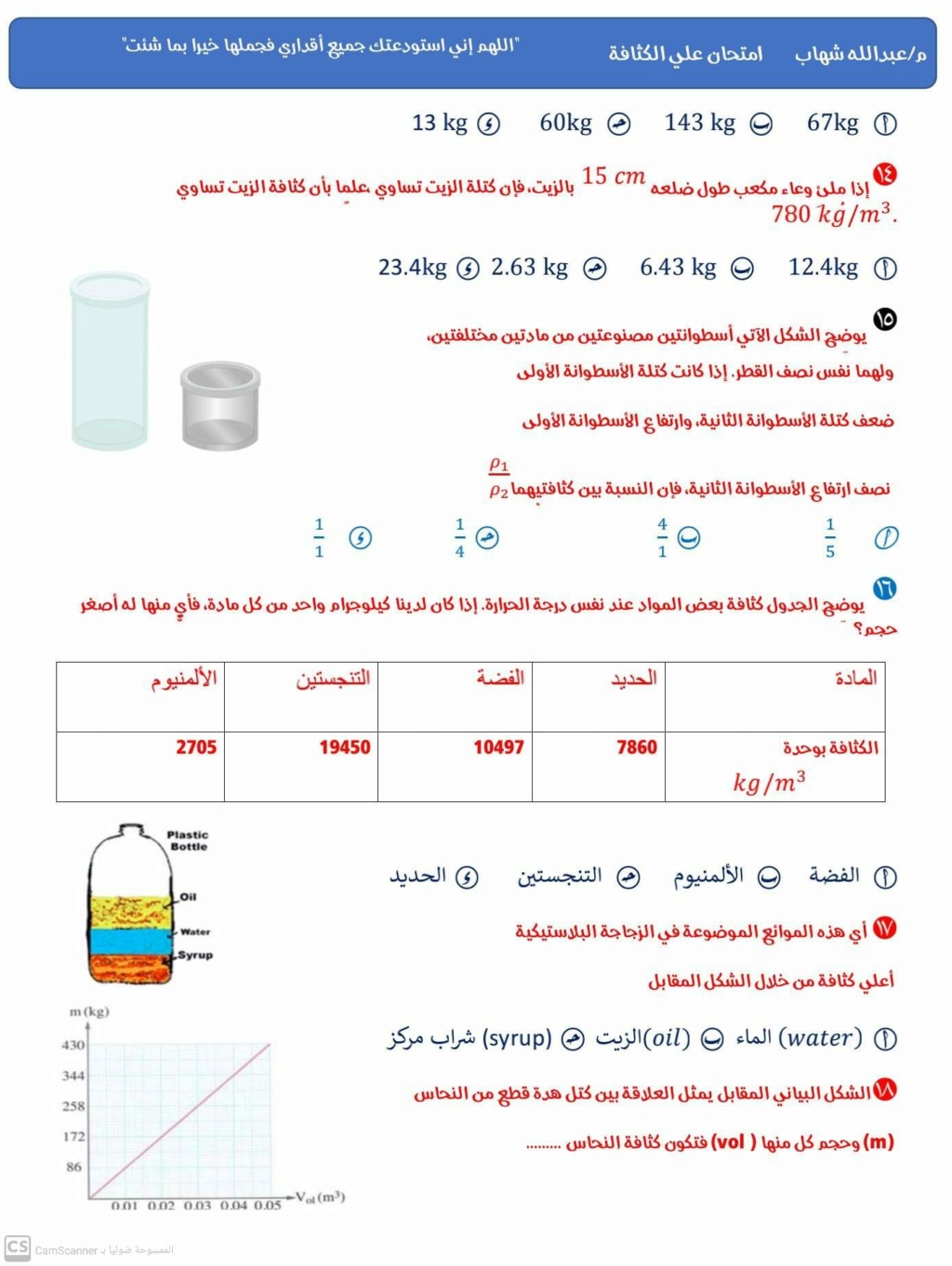 امتحان على الكثافة فيزياء تانية ثانوي مستر عبدالله شهاب 3381