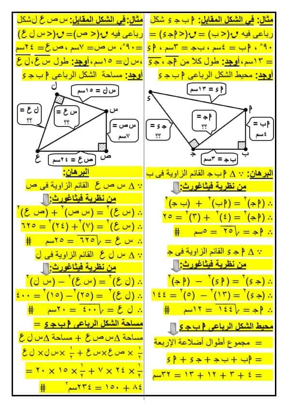 الثانى - ملخص نظرية فيثاغورس للصف الاول الاعدادى الترم الثانى 4308