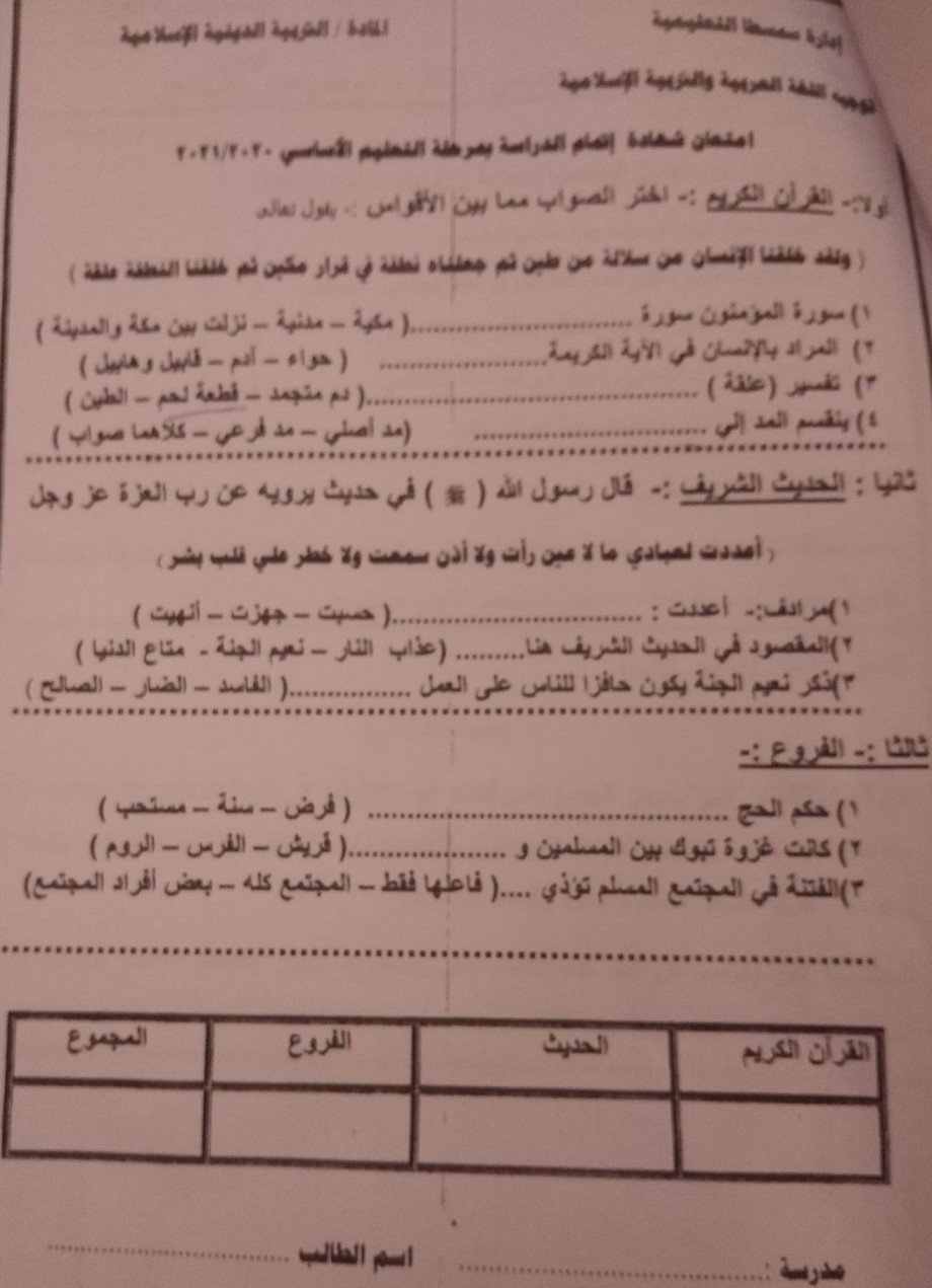 نموذج امتحان التربية الاسلامية للصف الثالث الاعدادي الترم الثاني 2023 6_talb25