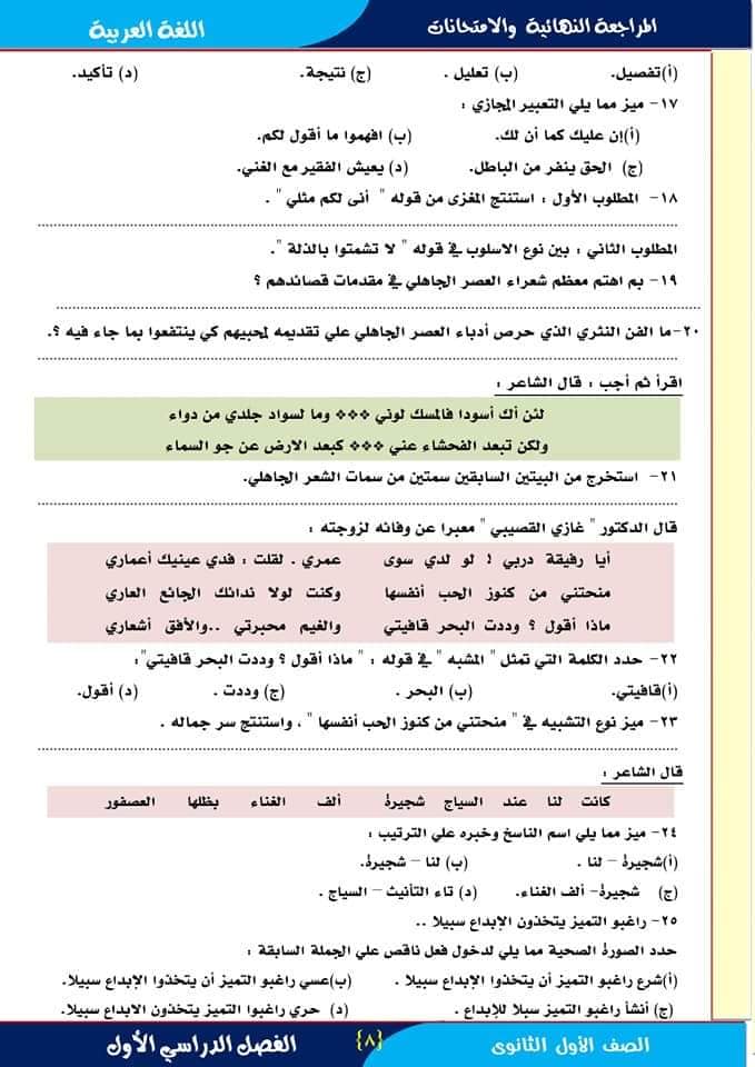 نماذج امتحانات الوزارة لغة عربية للصف الأول الثانوي الترم الاول 2024 876