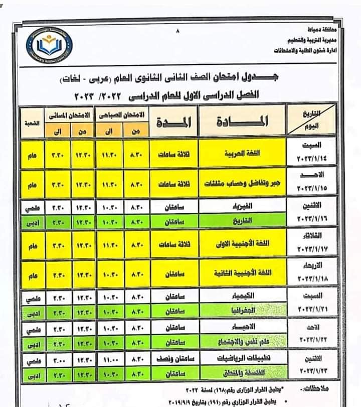 جداول امتحانات نصف العام 2023 بمحافظة دمياط 889