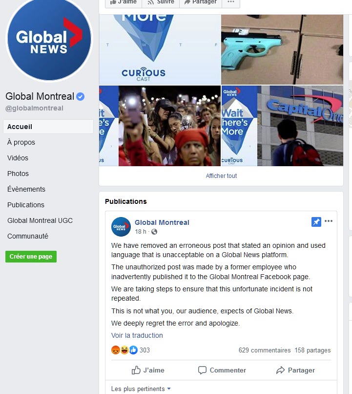 Global News Montreal  -  un employé a publié ceci !  2019-030