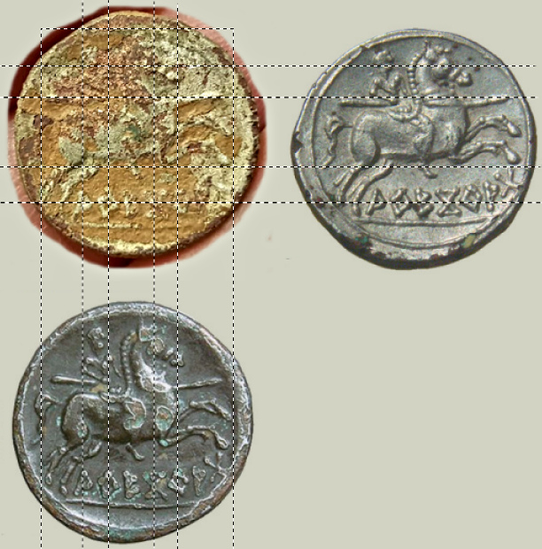 Denario forrado semi-oficial de Sekobirikes y denarios de Arekoratas forrados de cuños idénticos. Arekor10