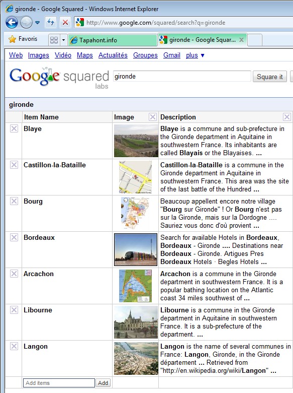 Google Squared : des tableaux de listes Google11