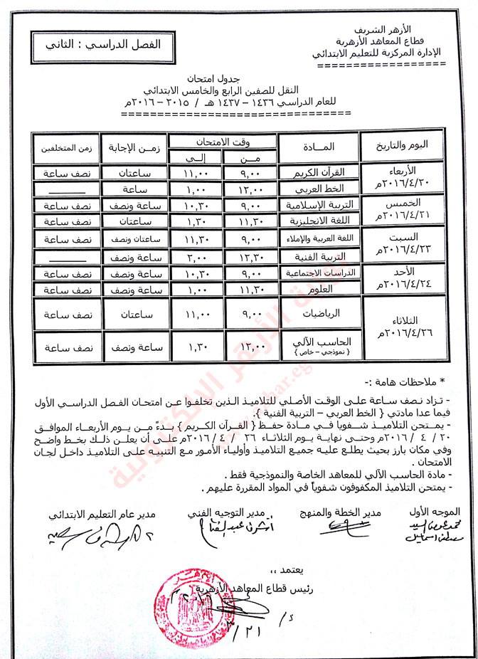 جدول امتحانات الشهادة الثانوية الأزهرية  ( الفصل الدراسى الثانى) 2016  1ghj10