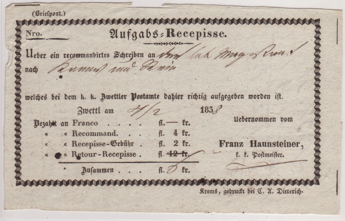 Österreich - Aufgabe-Recepissen 1838zw10