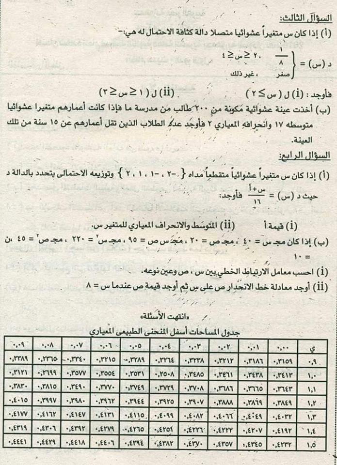 إمتحان شهادة الثانوية العامة المصرية بجمهورية السودان2016 لمادة الإحصاءونموذج الإجابة 210