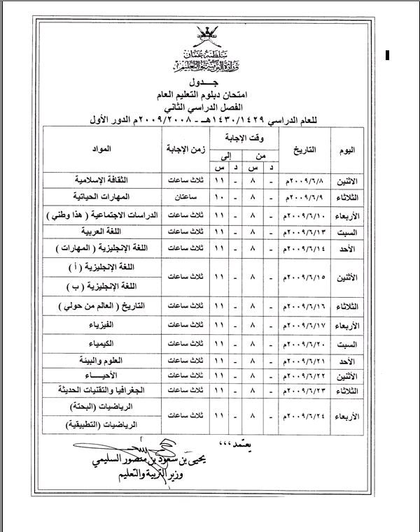 جدول امتحانات الصف الثاني عشر الفصل الدارسي الثاني 2009 1210